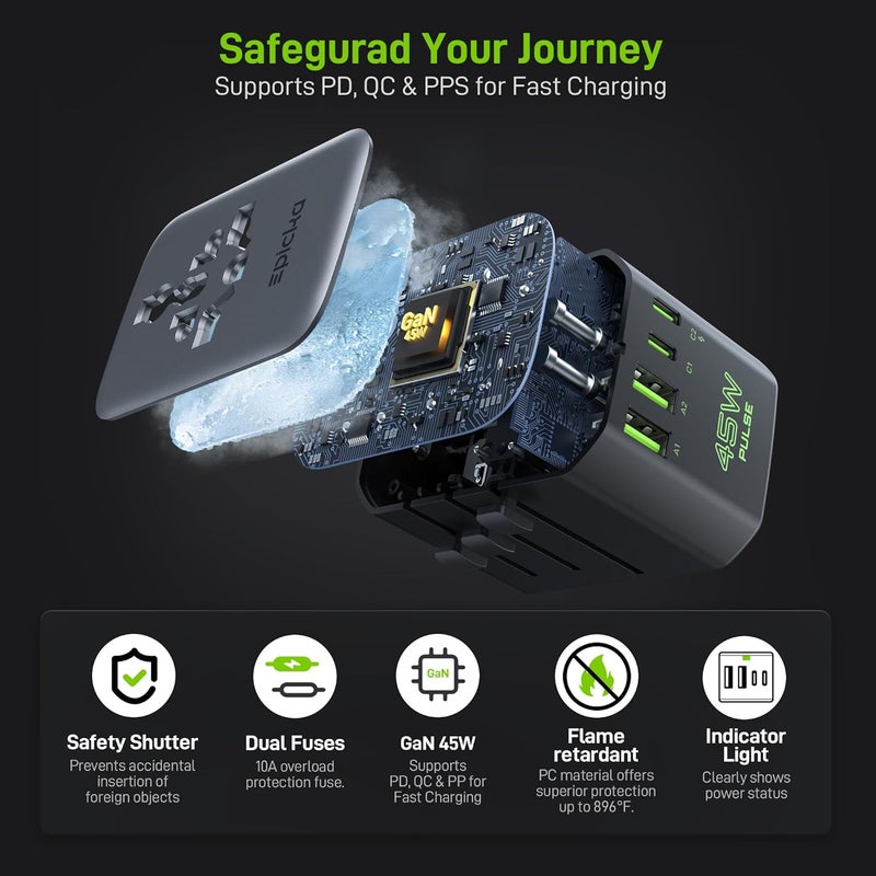 EPICKA Pulse Duo 45W Universal Travel Adapter, International Power Adapter with PD & QC 3.0 Fast Charging for 2 Devices Simultaneously, European Travel Plug Adapter, Travel Essentials (Black) - Image 5